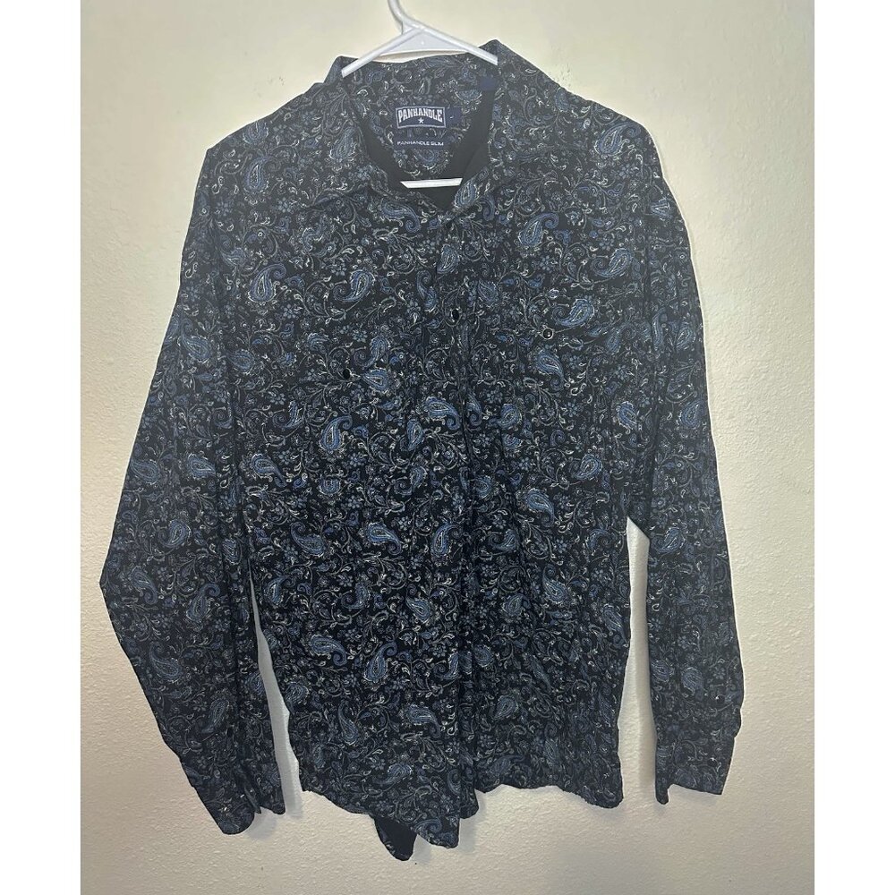 Panhandle Slim Fit Men’s Long Sleeve Paisley Print Black Blue Button Shirt Large